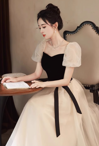 Elegant Cinched-Waist Tulle Splicing Maxi Dress Puff Mesh Sleeve Feast Prom Long Dress AP0734