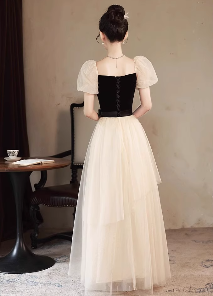 Elegant Cinched-Waist Tulle Splicing Maxi Dress Puff Mesh Sleeve Feast Prom Long Dress AP0734