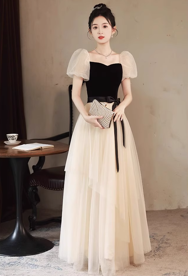Elegant Cinched-Waist Tulle Splicing Maxi Dress Puff Mesh Sleeve Feast Prom Long Dress AP0734
