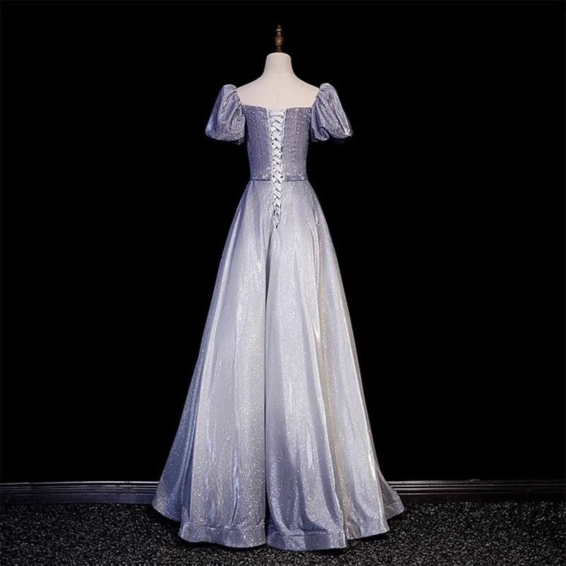 Vintage Gradient Pale Purple Lustrous Fabric Maxi Dress Puff Sleeve Feast Prom Long Dress AP0735