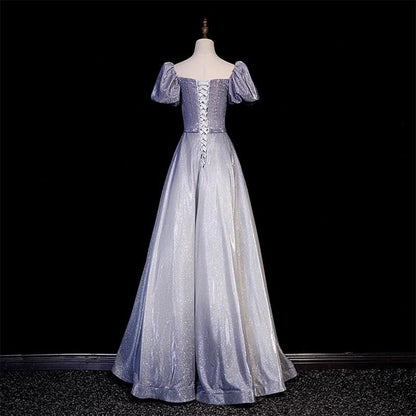 Vintage Gradient Pale Purple Lustrous Fabric Maxi Dress Puff Sleeve Feast Prom Long Dress AP0735