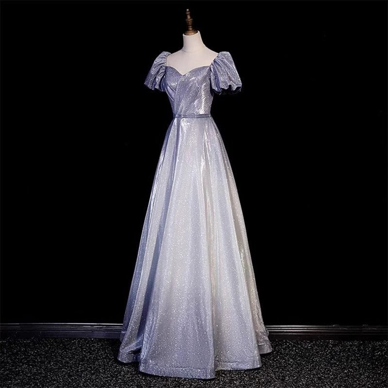 Vintage Gradient Pale Purple Lustrous Fabric Maxi Dress Puff Sleeve Feast Prom Long Dress AP0735