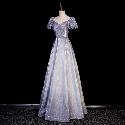 Vintage Gradient Pale Purple Lustrous Fabric Maxi Dress Puff Sleeve Feast Prom Long Dress AP0735