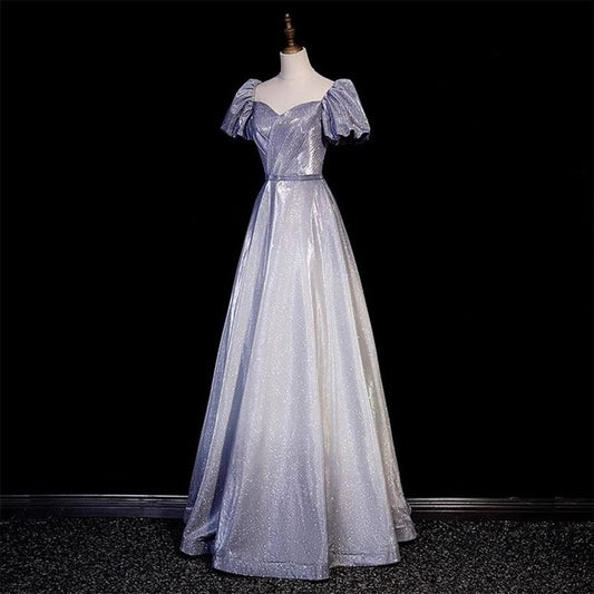 Vintage Gradient Pale Purple Lustrous Fabric Maxi Dress Puff Sleeve Feast Prom Long Dress AP0735