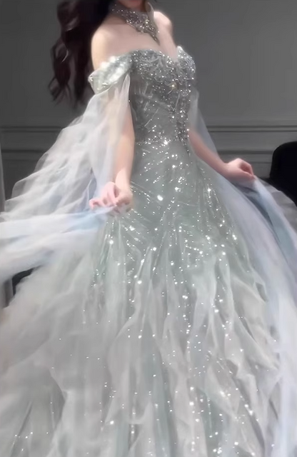 Ethereal Beading Shimmering Off-Shoulder Evening Dress Strapless Ruffles Hem Prom Dress AP0736