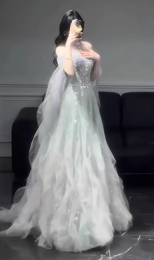 Ethereal Beading Shimmering Off-Shoulder Evening Dress Strapless Ruffles Hem Prom Dress AP0736