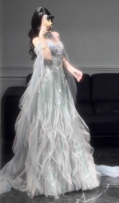 Ethereal Beading Shimmering Off-Shoulder Evening Dress Strapless Ruffles Hem Prom Dress AP0736