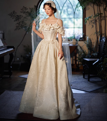 Retro Satin Fabric White Lustrous Applique Maxi Dress Puff Sleeve Feast Prom Long Dress AP0737