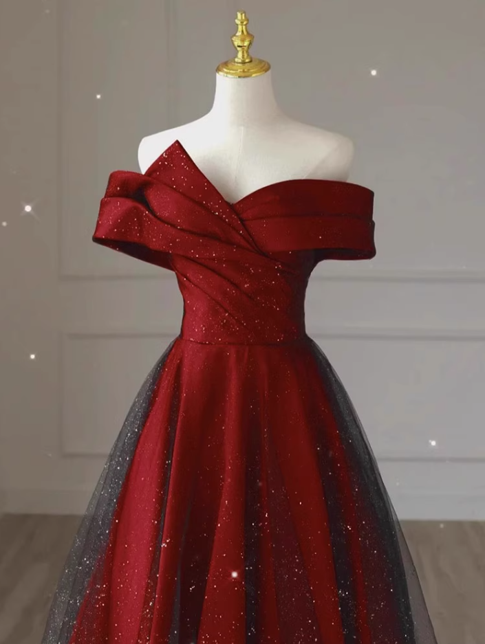 Chic Off-Shoulder Red Evening Dress Strapless Tulle Layered Sparkle Prom Dress AP0739
