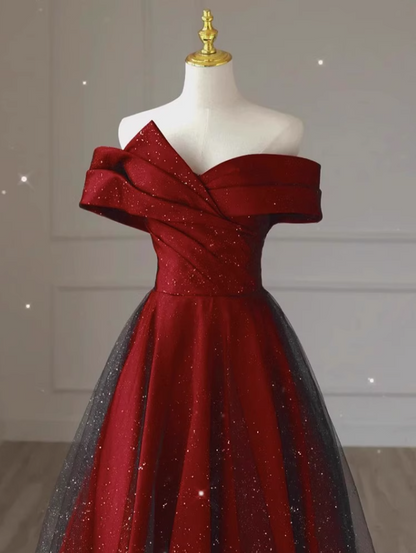 Chic Off-Shoulder Red Evening Dress Strapless Tulle Layered Sparkle Prom Dress AP0739