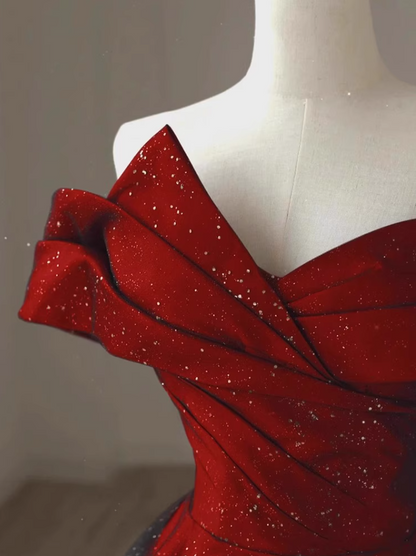 Chic Off-Shoulder Red Evening Dress Strapless Tulle Layered Sparkle Prom Dress AP0739