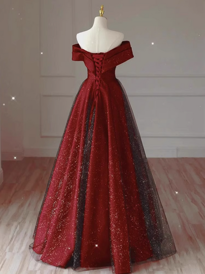 Chic Off-Shoulder Red Evening Dress Strapless Tulle Layered Sparkle Prom Dress AP0739