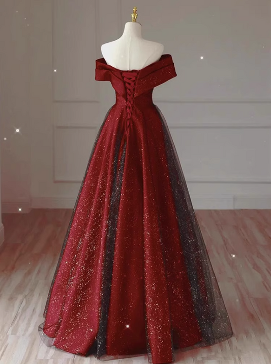 Chic Off-Shoulder Red Evening Dress Strapless Tulle Layered Sparkle Prom Dress AP0739