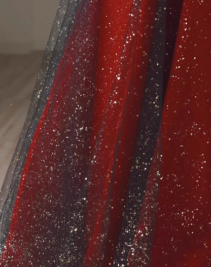 Chic Off-Shoulder Red Evening Dress Strapless Tulle Layered Sparkle Prom Dress AP0739