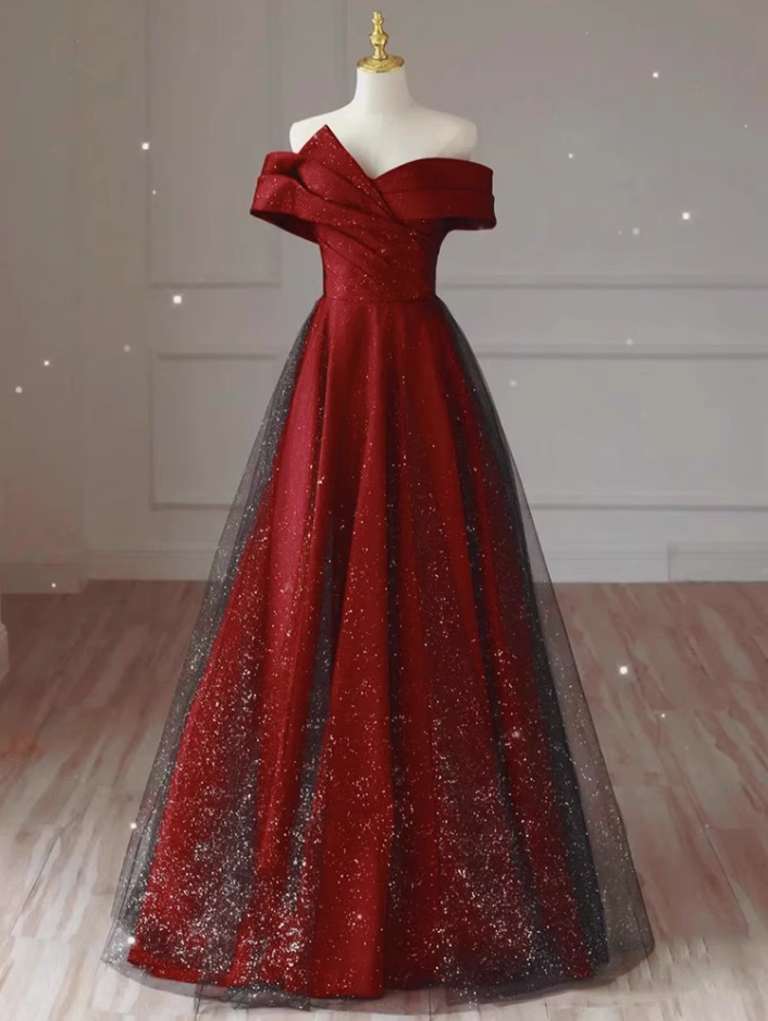 Chic Off-Shoulder Red Evening Dress Strapless Tulle Layered Sparkle Prom Dress AP0739
