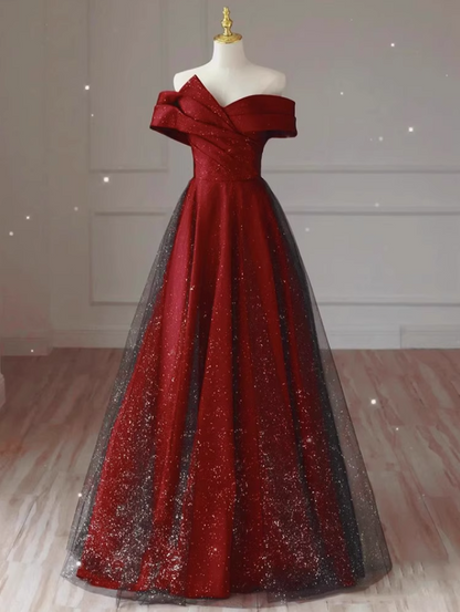 Chic Off-Shoulder Red Evening Dress Strapless Tulle Layered Sparkle Prom Dress AP0739