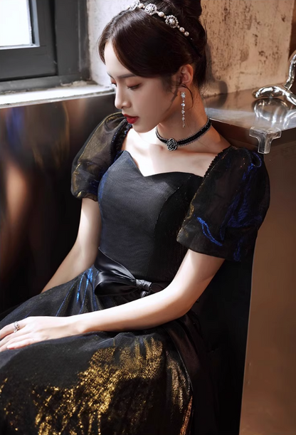 Glamorous shimmering Metallic Vibe Maxi Dress Puff Sleeve Ribbon tied Bow Prom Long Dress AP0740