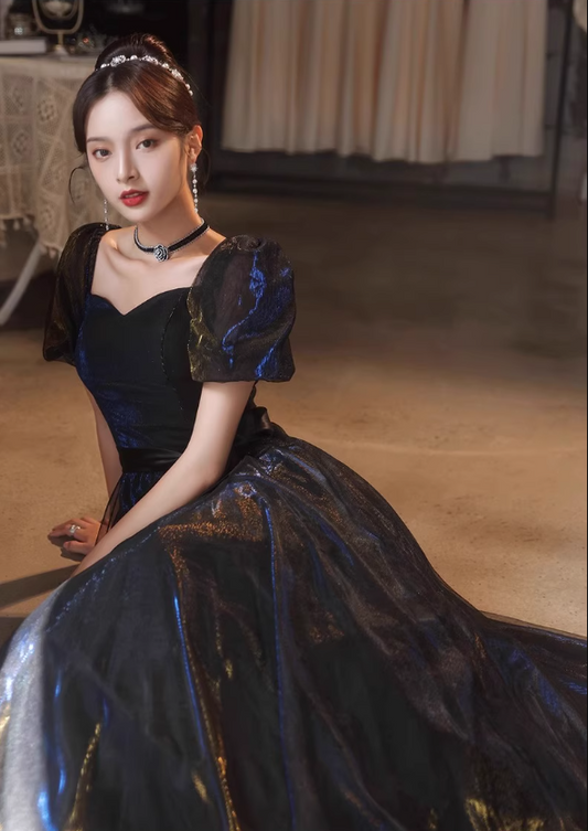 Glamorous shimmering Metallic Vibe Maxi Dress Puff Sleeve Ribbon tied Bow Prom Long Dress AP0740