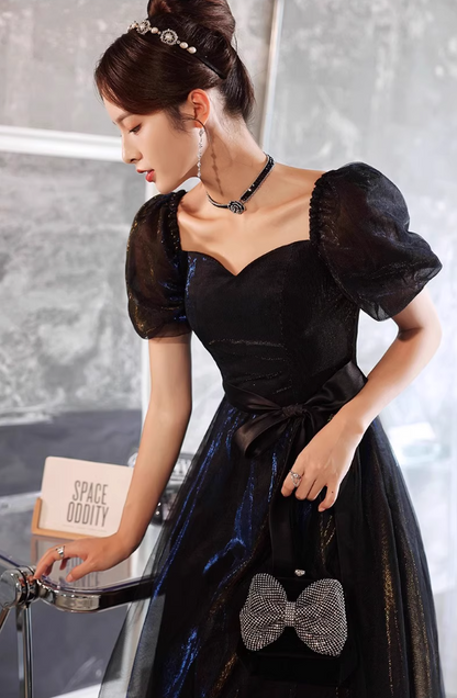 Glamorous shimmering Metallic Vibe Maxi Dress Puff Sleeve Ribbon tied Bow Prom Long Dress AP0740