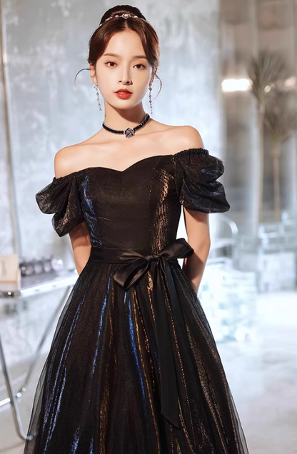 Glamorous shimmering Metallic Vibe Maxi Dress Puff Sleeve Ribbon tied Bow Prom Long Dress AP0740