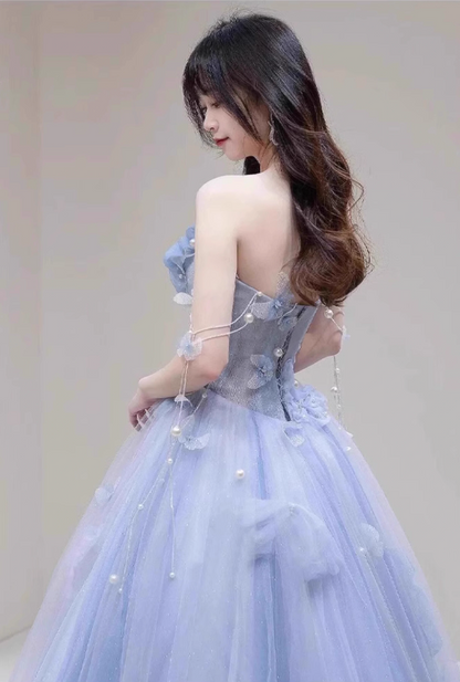 Dreamy Beading Cinched-Waist Maxi Dress Applique Strapless Tulle Layered Prom Dress AP0741