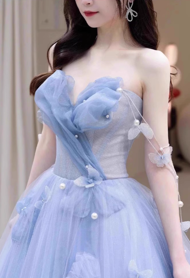 Dreamy Beading Cinched-Waist Maxi Dress Applique Strapless Tulle Layered Prom Dress AP0741