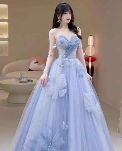 Dreamy Beading Cinched-Waist Maxi Dress Applique Strapless Tulle Layered Prom Dress AP0741