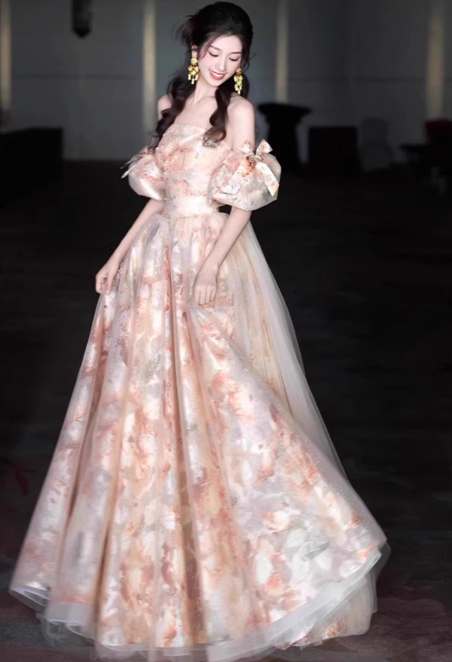 Graceful Off-Shoulder Pink Patterns Beading Evening Dress Puff Sleeve Tulle Layered Prom Dress AP0742