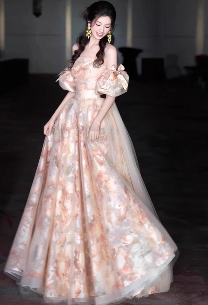 Graceful Off-Shoulder Pink Patterns Beading Evening Dress Puff Sleeve Tulle Layered Prom Dress AP0742