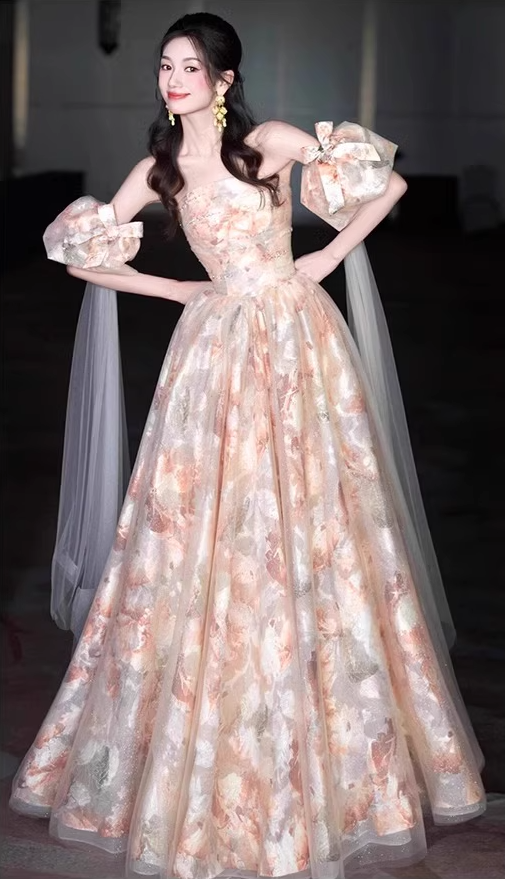 Graceful Off-Shoulder Pink Patterns Beading Evening Dress Puff Sleeve Tulle Layered Prom Dress AP0742