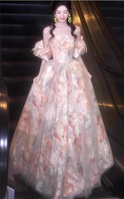 Graceful Off-Shoulder Pink Patterns Beading Evening Dress Puff Sleeve Tulle Layered Prom Dress AP0742