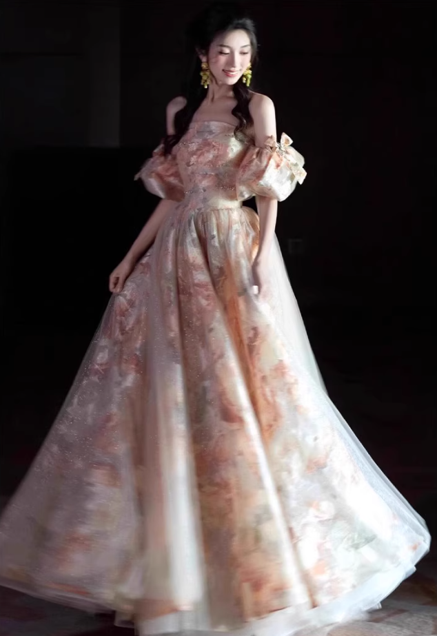 Graceful Off-Shoulder Pink Patterns Beading Evening Dress Puff Sleeve Tulle Layered Prom Dress AP0742