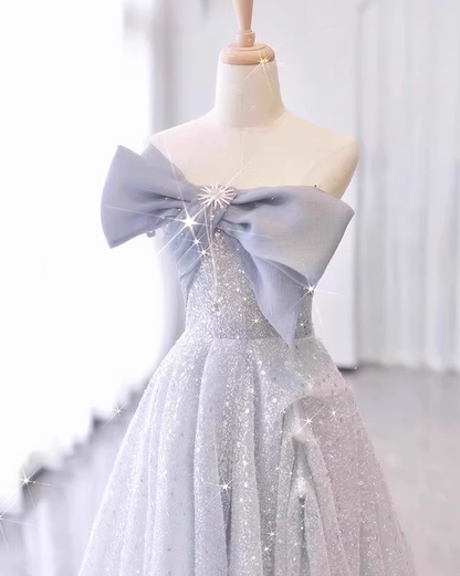 Chic Beading Bow-Knot Strapless Maxi Dress Cinched-Waist Sparkling Sequins Prom Dress AP0744