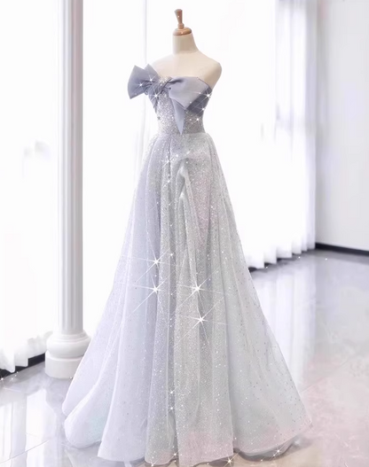 Chic Beading Bow-Knot Strapless Maxi Dress Cinched-Waist Sparkling Sequins Prom Dress AP0744