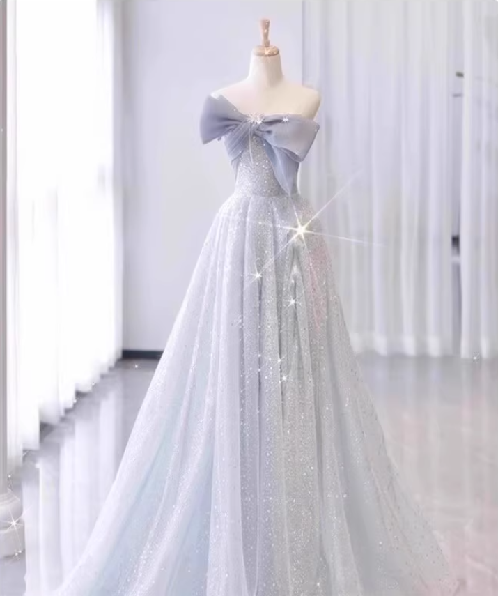 Chic Beading Bow-Knot Strapless Maxi Dress Cinched-Waist Sparkling Sequins Prom Dress AP0744