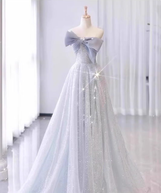 Chic Beading Bow-Knot Strapless Maxi Dress Cinched-Waist Sparkling Sequins Prom Dress AP0744