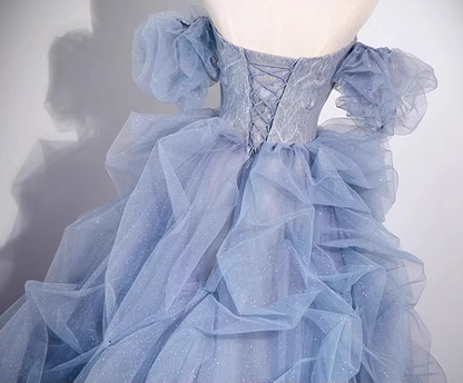 New Tulle Ruffles Layered Beading Evening Dress Strapless Puff Sleeve Off-Shoulder Prom Dress AP0745