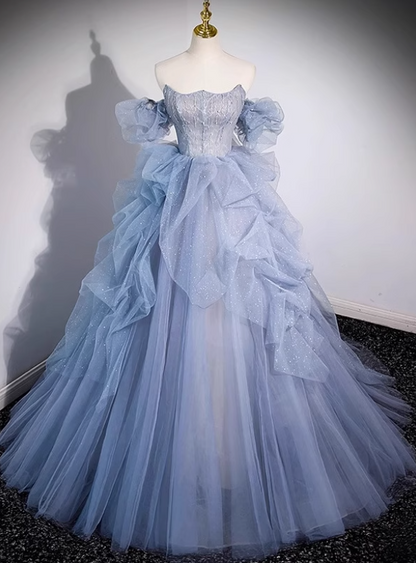 New Tulle Ruffles Layered Beading Evening Dress Strapless Puff Sleeve Off-Shoulder Prom Dress AP0745