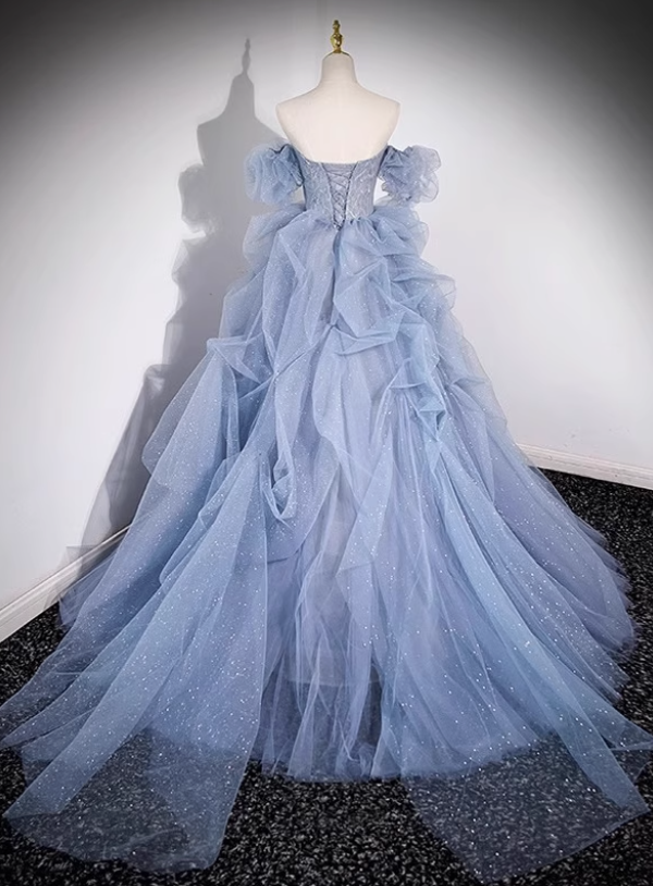 New Tulle Ruffles Layered Beading Evening Dress Strapless Puff Sleeve Off-Shoulder Prom Dress AP0745