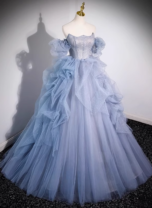 New Tulle Ruffles Layered Beading Evening Dress Strapless Puff Sleeve Off-Shoulder Prom Dress AP0745