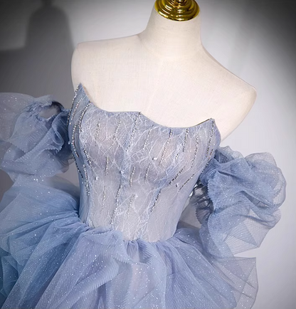 New Tulle Ruffles Layered Beading Evening Dress Strapless Puff Sleeve Off-Shoulder Prom Dress AP0745