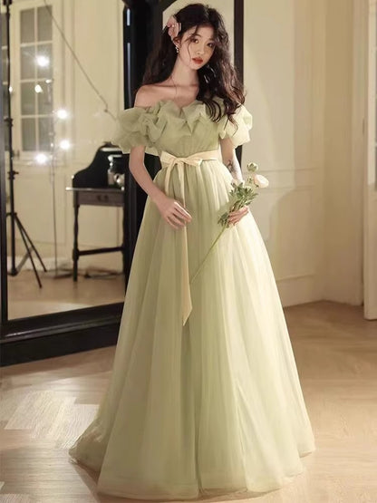 Dreamy Cascade Tulle Layered Evening Dress Strapless Off-Shoulder Cinched-Waist Prom Dress AP0746