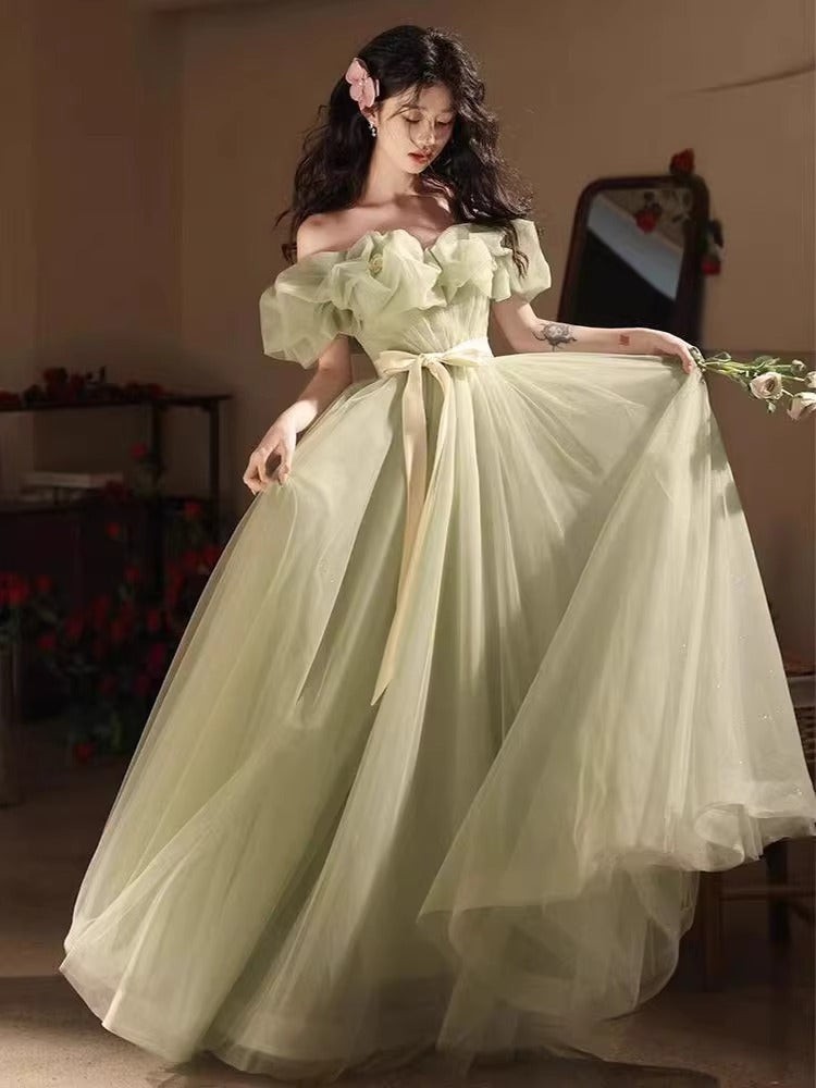 Dreamy Cascade Tulle Layered Evening Dress Strapless Off-Shoulder Cinched-Waist Prom Dress AP0746