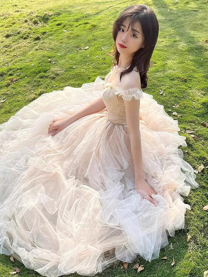 Dreamy Off-Shoulder Ruffles Tulle Layered Feast Gown Strapless Sparkling Cinched-Waist Prom Dress AP0747