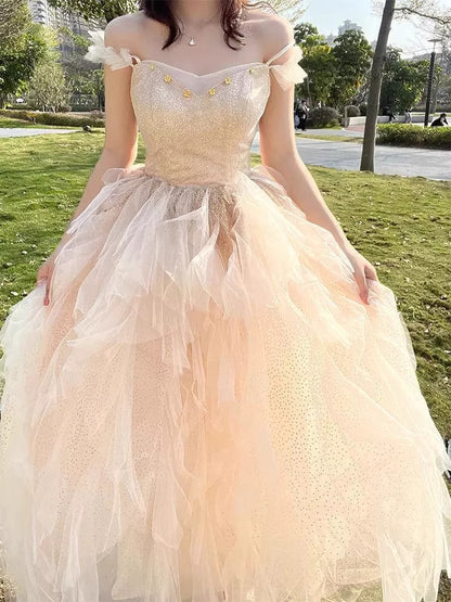 Dreamy Off-Shoulder Ruffles Tulle Layered Feast Gown Strapless Sparkling Cinched-Waist Prom Dress AP0747