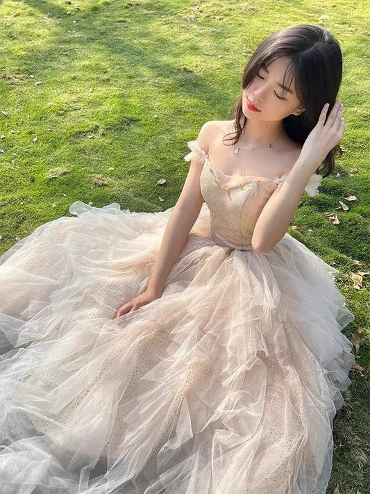 Dreamy Off-Shoulder Ruffles Tulle Layered Feast Gown Strapless Sparkling Cinched-Waist Prom Dress AP0747