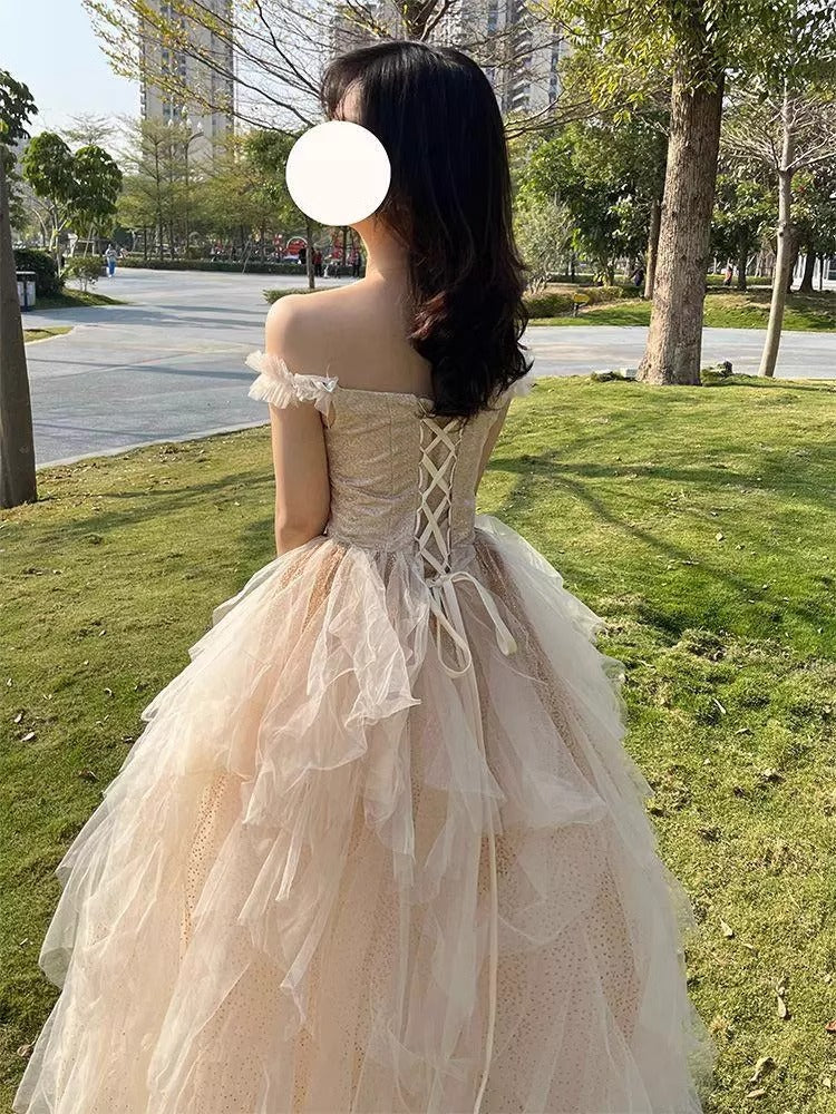 Dreamy Off-Shoulder Ruffles Tulle Layered Feast Gown Strapless Sparkling Cinched-Waist Prom Dress AP0747