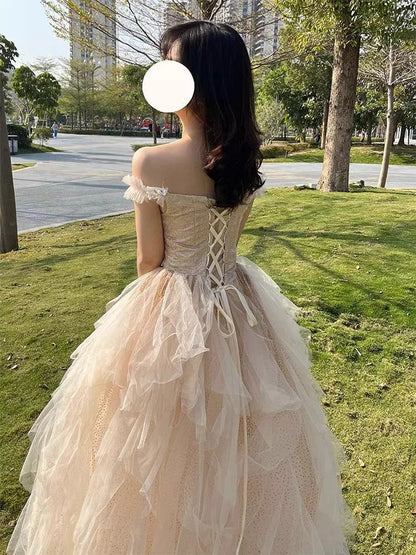 Dreamy Off-Shoulder Ruffles Tulle Layered Feast Gown Strapless Sparkling Cinched-Waist Prom Dress AP0747