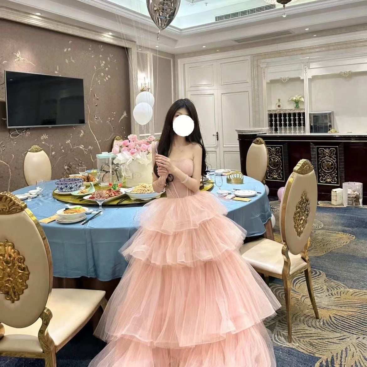 Cute Pink Strapless Cinched-Waist Birthday Dress Mesh Cake Layered Prom Dress AP0748