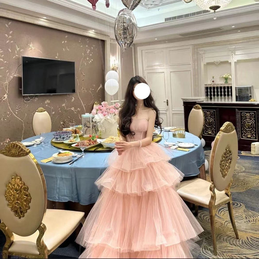 Cute Pink Strapless Cinched-Waist Birthday Dress Mesh Cake Layered Prom Dress AP0748